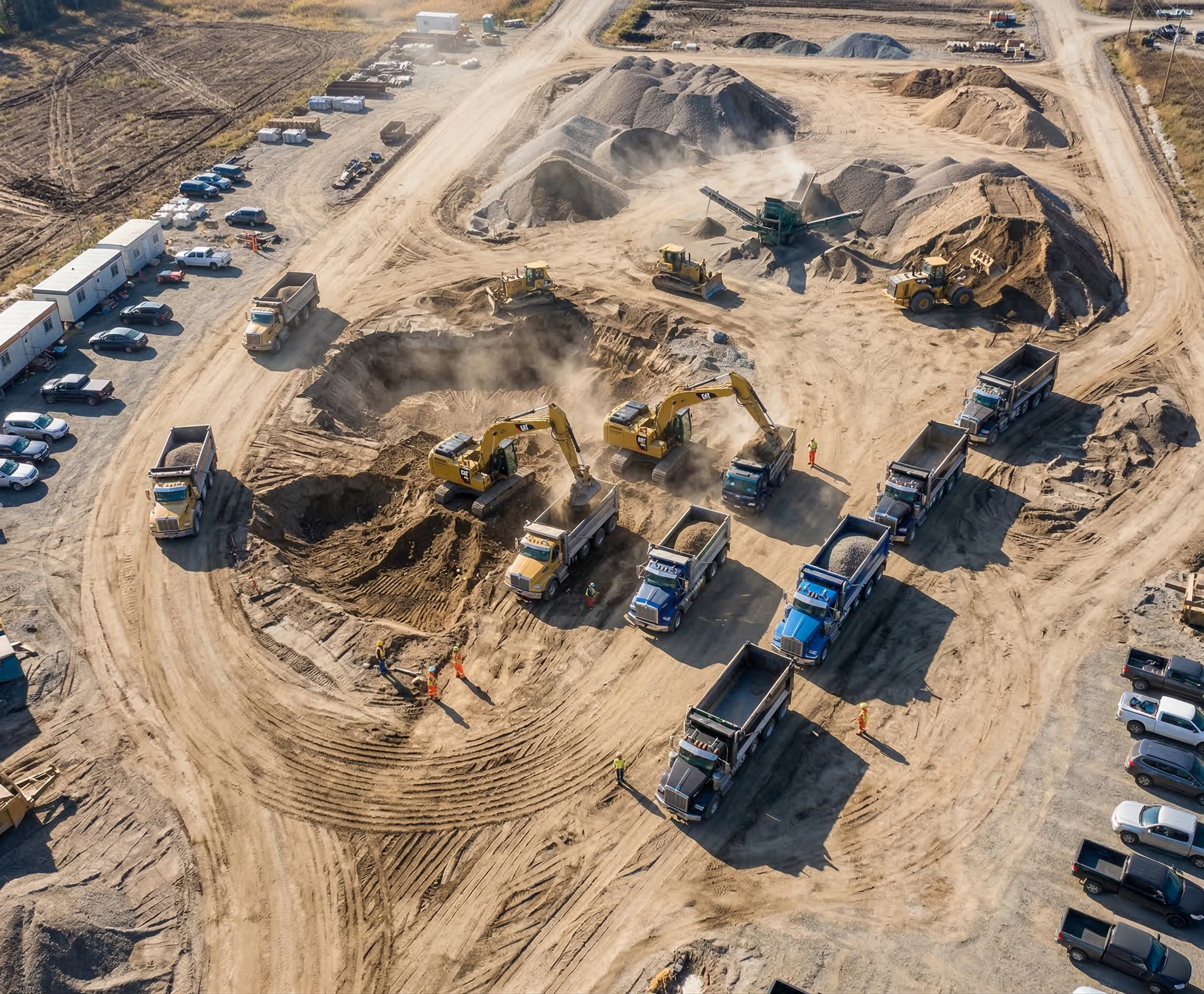 Aggregate trucks being loaded on a construction site